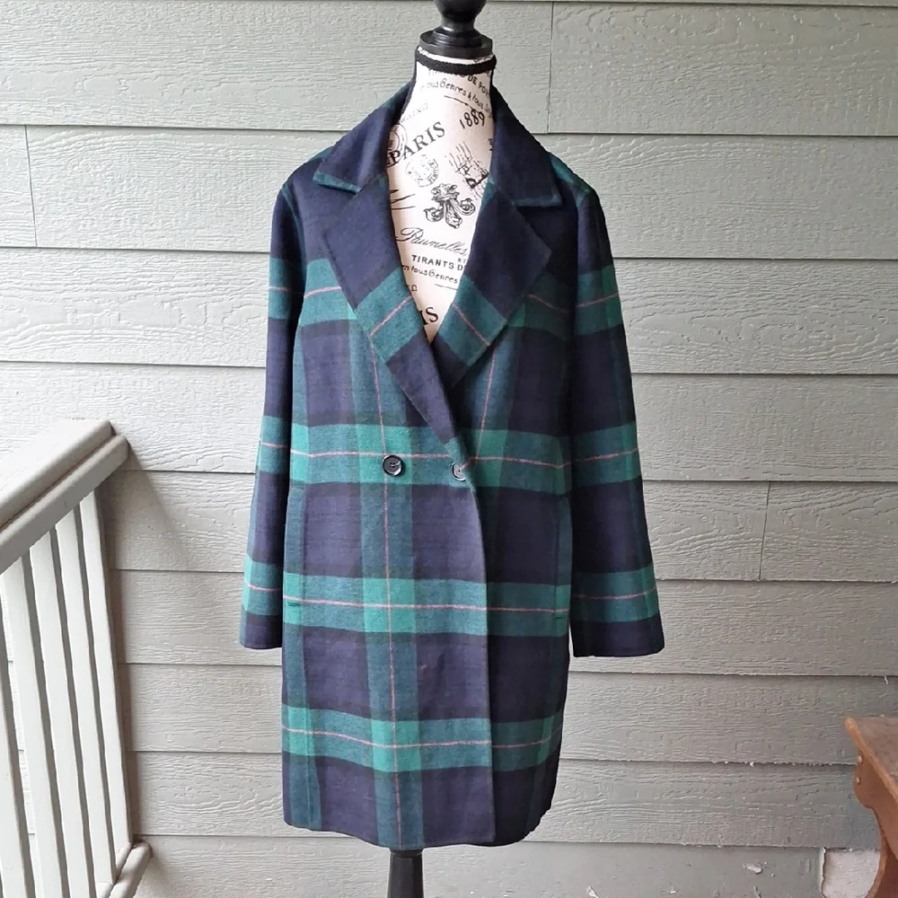 NWOT Talbots Double Face Wool Blend Tartan Coat Blue Green Size 12 Petite - Picture 2 of 14